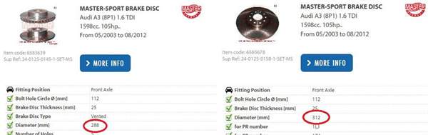 Brake Pad Size Chart