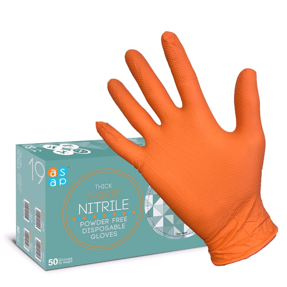 Grip Gloves Thick Orange T grip Nitrile Disposable Gloves (50) Medium